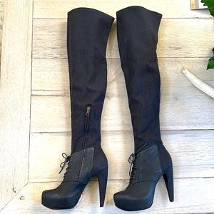 Elizabeth & James NEW E Rizzo Leather/Fabric boots 7.5 5.5” heel,1 3/4 platform